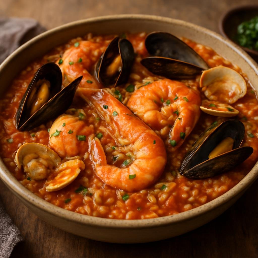 Entree: Cape Verde – National Cuisine – Arroz de Marisco (Hearty Cape Verdean seafood rice stew cooked with tomatoes, wine, and fresh shellfish) recipe