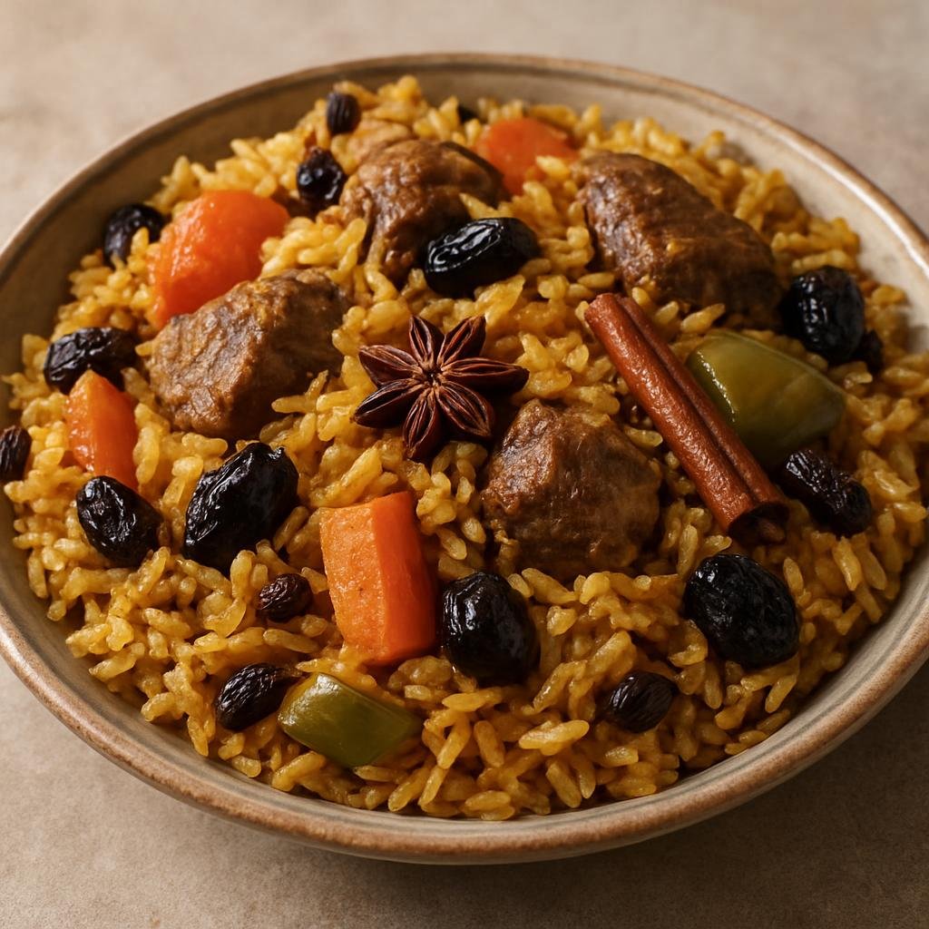 Entree: Djibouti – National Cuisine – Bariis Iskukaris (Spiced East African rice cooked with meat, aromatic whole spices, vegetables, and dried fruit) recipe