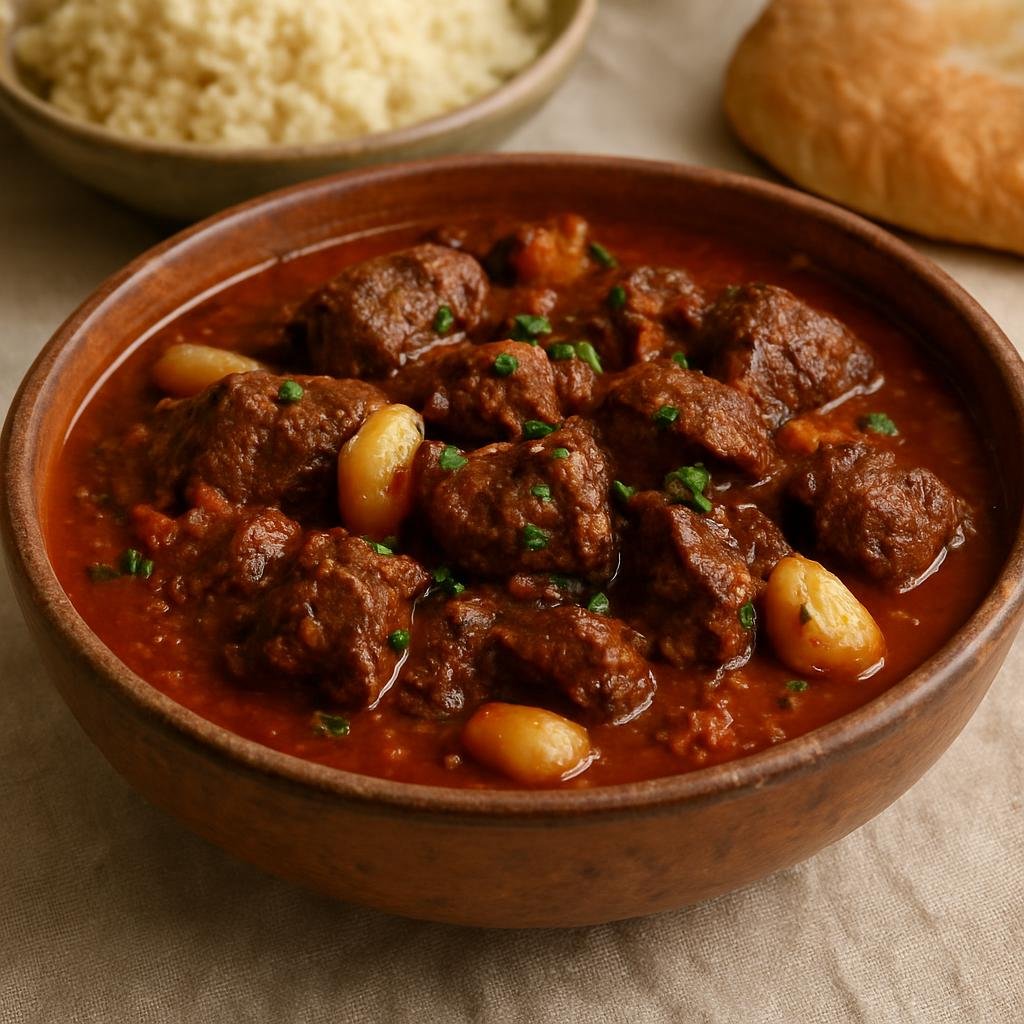 Entree: Tunisia – Sahel Coast – Kamounia (Cumin-scented Tunisian stew of braised beef often enriched with liver, garlic, and tomato) recipe