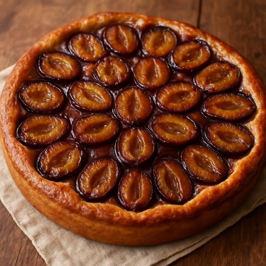 Entree: Luxembourg – Northern Culinary Region – Quetschentaart (Rustic plum tart made with a sweet yeast dough topped with halved European plums) recipe