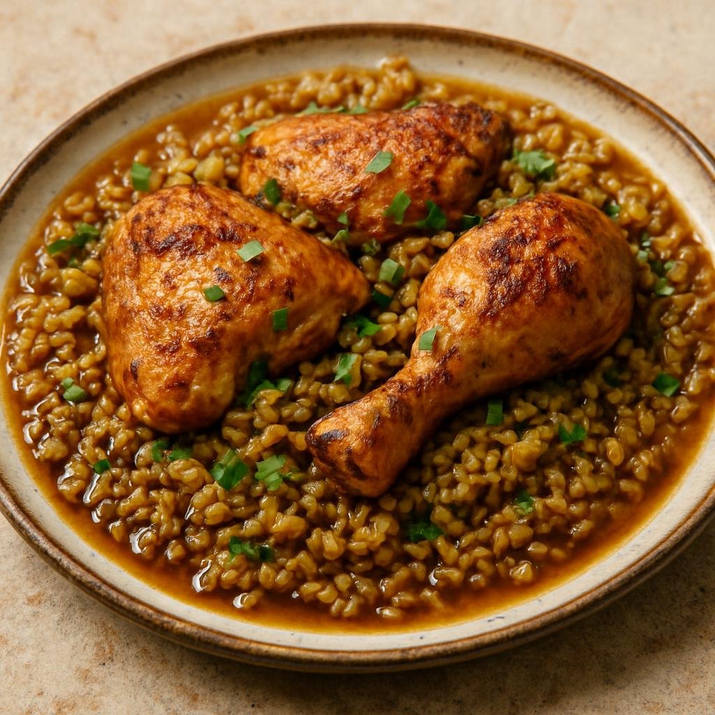 Entree: Palestine – Northern Culinary Region – فريكة بالدجاج ➤ Freekeh bil-dajaj (Smoked green wheat pilaf cooked with spiced chicken and savory broth) recipe