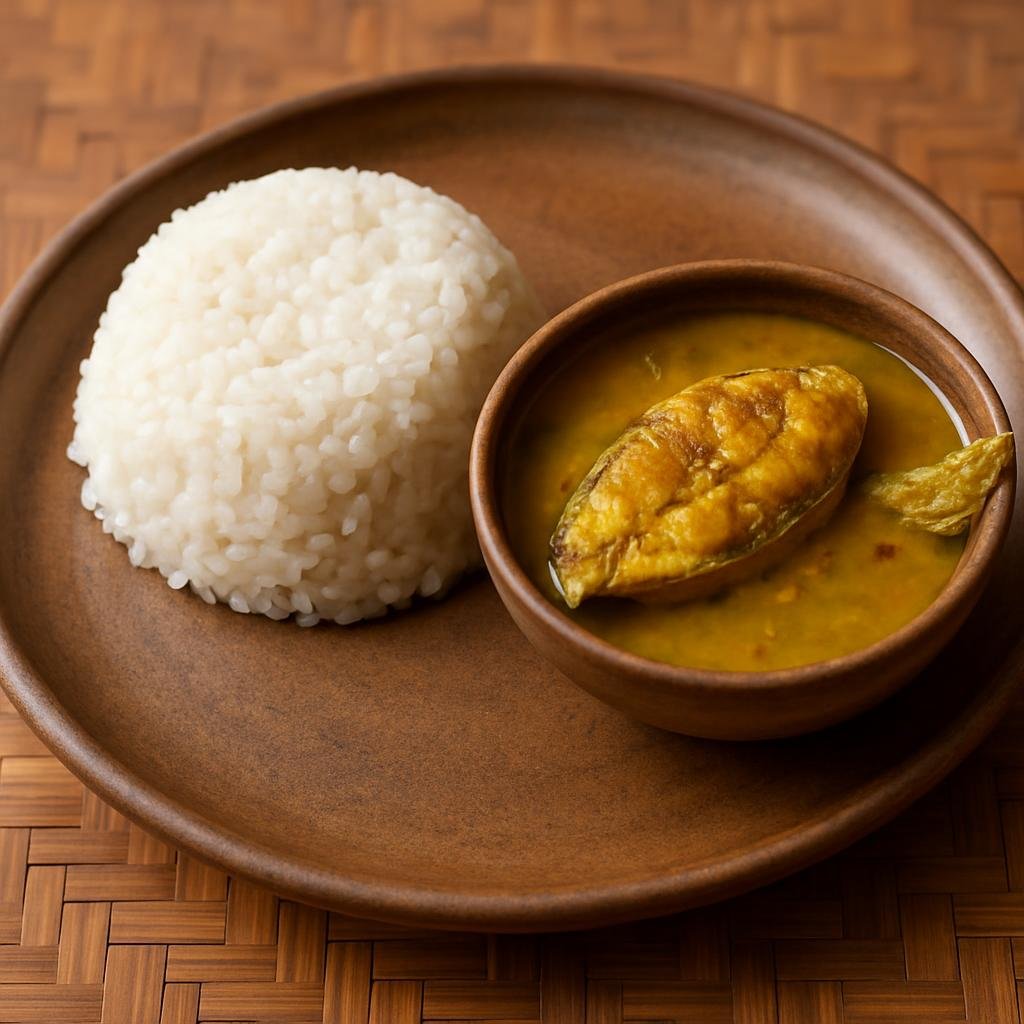 Entree: India – Assam – বৰা চাউল আৰু মাছ ➤ Bora Saul aru Maach (Steamed Assamese sticky bora saul rice served with a light tangy freshwater fish curry) recipe