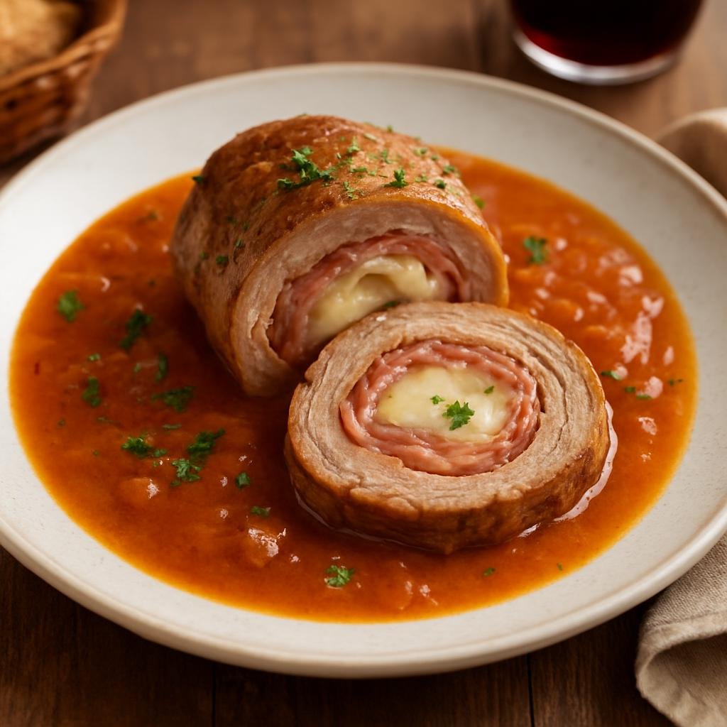 Entree: Italy – Aosta Valley – Fricandeau alla Valdostana (Rolled and braised veal roast stuffed with prosciutto and Fontina cheese from the Aosta Valley) recipe