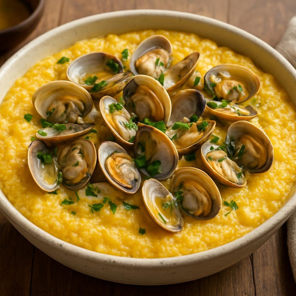 Entree: Portugal – Algarve – Xerém com Conquilhas (Coarse cornmeal porridge cooked in clam broth and finished with fresh clams and aromatics, a traditional Algarve coastal main) recipe