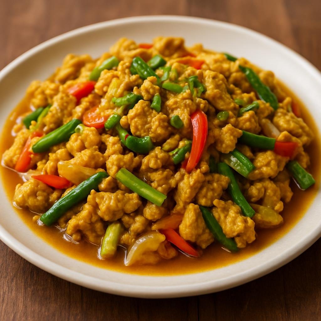 Entree: Thailand – Central Thailand – ไก่ผัดผงกะหรี่ ➤ Gai Phat Pong Kari (Thai stir-fried chicken with curry powder, scrambled egg, and vegetables in a savory-sweet sauce) recipe