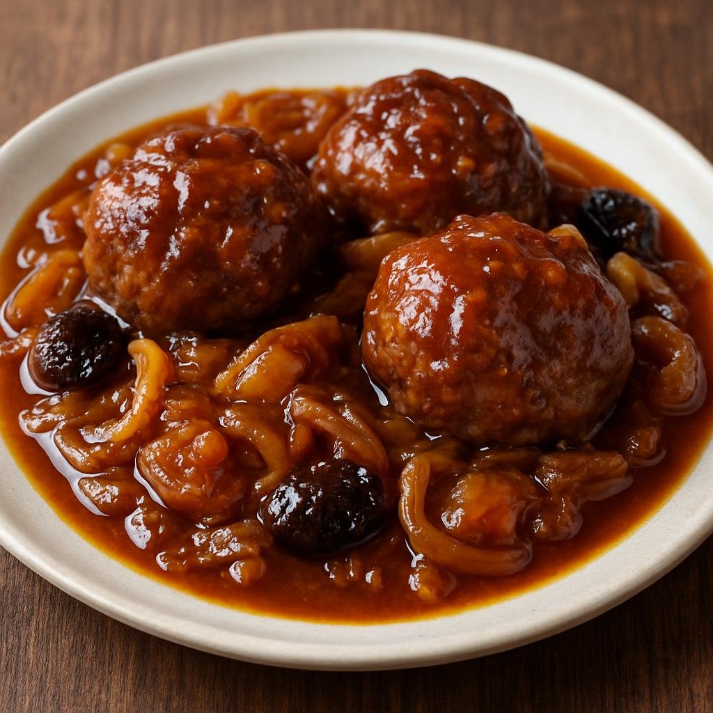 Entree: Belgium – Brussels – Boulets Liégeois (Liège-style pork and beef meatballs served in a sweet-and-sour caramelized onion and preserved-fruit sauce) recipe