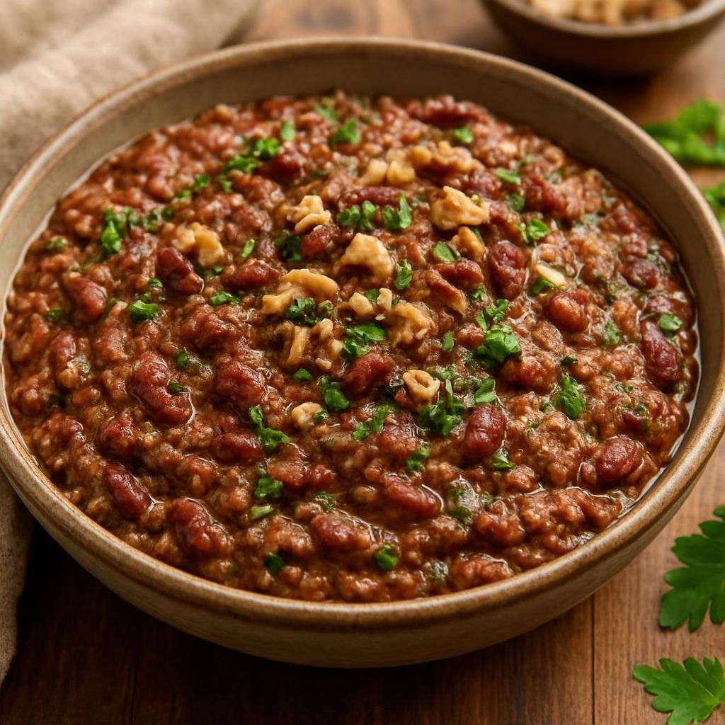 Entree: Georgia – Imereti – ლობიო ➤ lobio (Hearty Georgian stewed and mashed red beans seasoned with herbs, walnuts, and vinegar) recipe