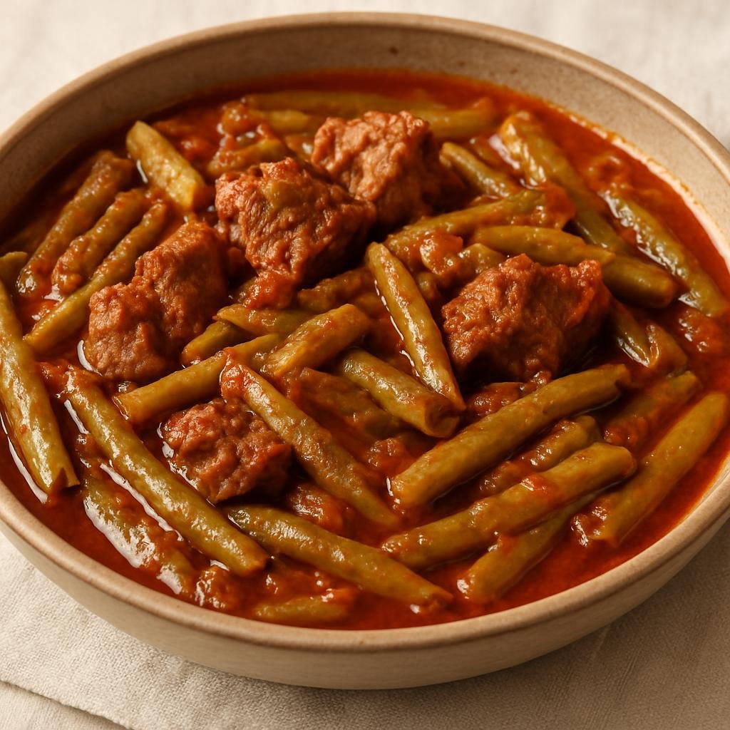 Entree: Lebanon – Bekaa Valley – فاصوليا باللحم ➤ Fasuliya bil-lahm (Stewed green beans with lamb in a tomato and spice sauce) recipe