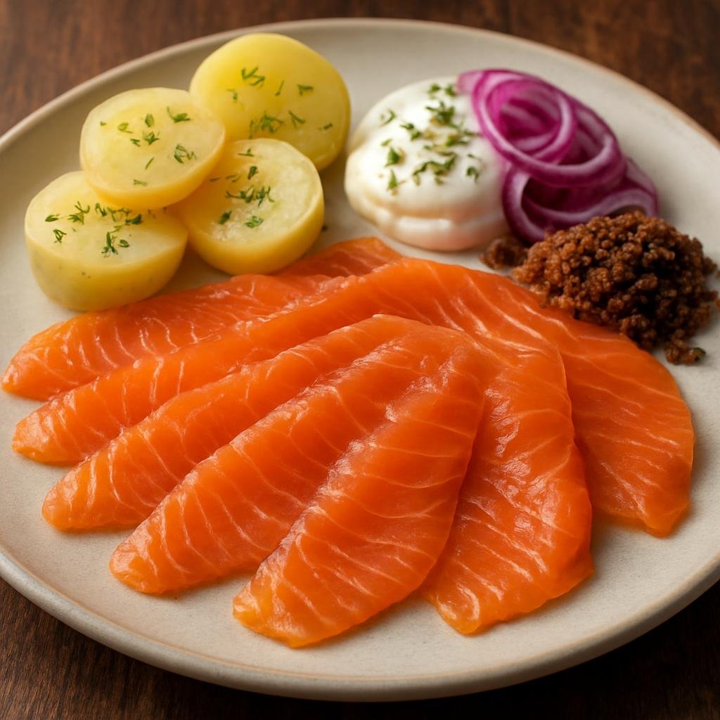 Entree: Norway – Norwegian Coastal Seafood – Røkt Laks (Cold-smoked salmon thinly sliced and served with traditional accompaniments) recipe