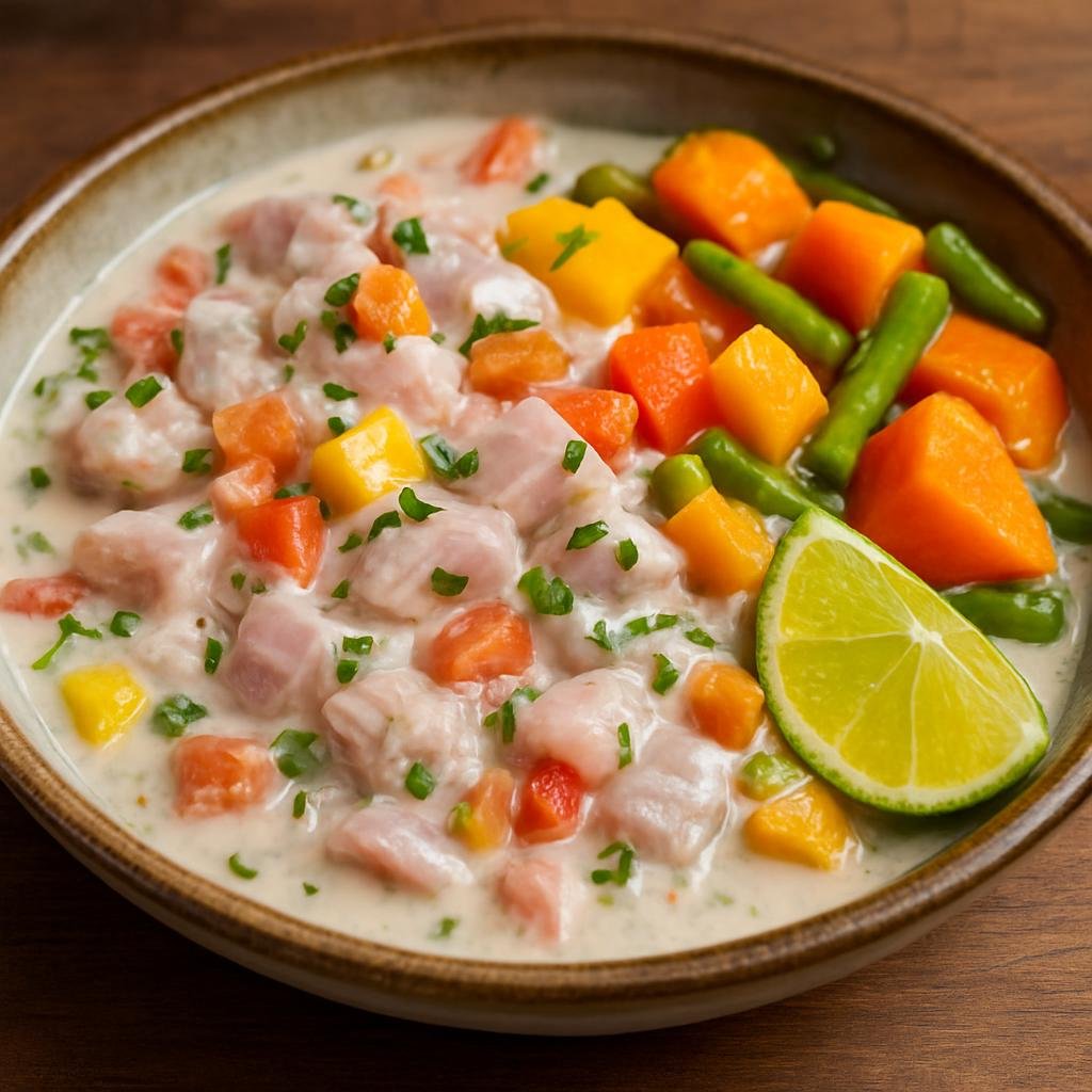 Entree: Wallis and Futuna – Northern Culinary Region – Poisson à la Tahitienne (Raw marinated fish in citrus and creamy coconut with tropical vegetables) recipe