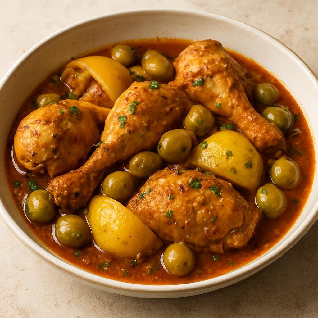 Entree: Western Sahara – Northern Culinary Region – دجاج بالليمون المحفوظ ➤ Dajaj bil-laymun al-mahfooz (North African braised chicken with preserved lemon and olives in a spiced sauce) recipe