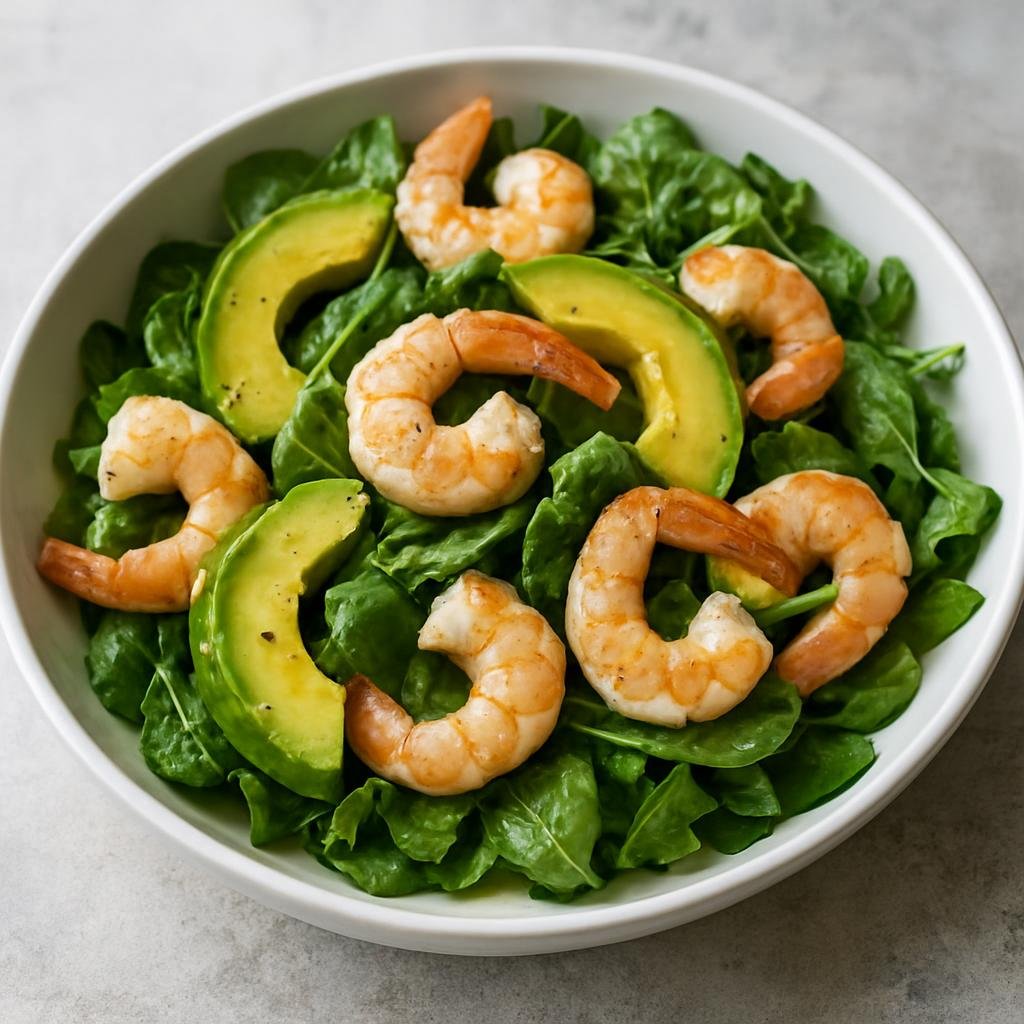 Entree: Australia – Central Culinary Region – Prawn and Avocado Salad (Chilled cooked prawns tossed with ripe avocado and greens in a bright lemon-olive oil dressing as a light main course) recipe