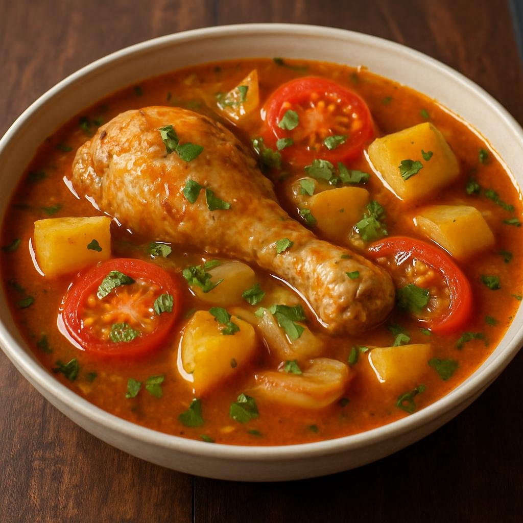 Entree: Colombia – Antioquia – Sudado de Pollo (Colombian stewed chicken braised with tomatoes, onions, potatoes, and cilantro in a light savory broth) recipe