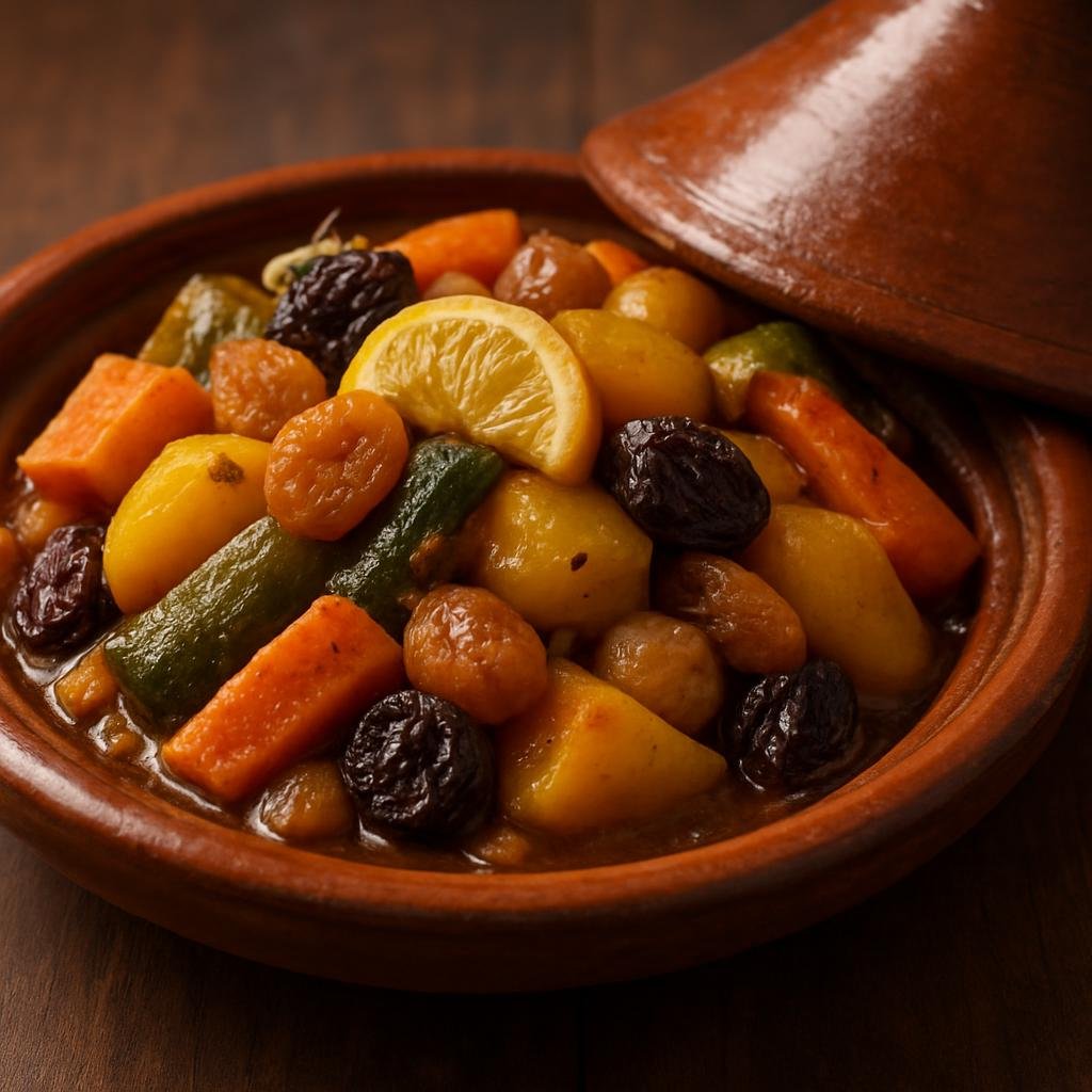 Entree: Morocco – Berber Cuisine – Berber Tagine with Vegetables (Slow-braised North African vegetable stew cooked with warm spices, preserved lemon, and dried fruit) recipe