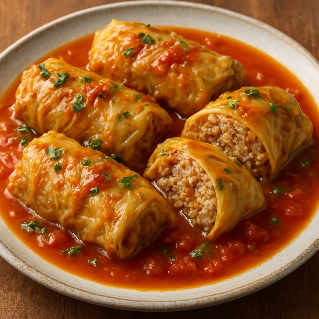 Entree: Poland – Highland / Gorale – Gołąbki (Cabbage leaves stuffed with seasoned meat and rice, braised in a tomato sauce) recipe
