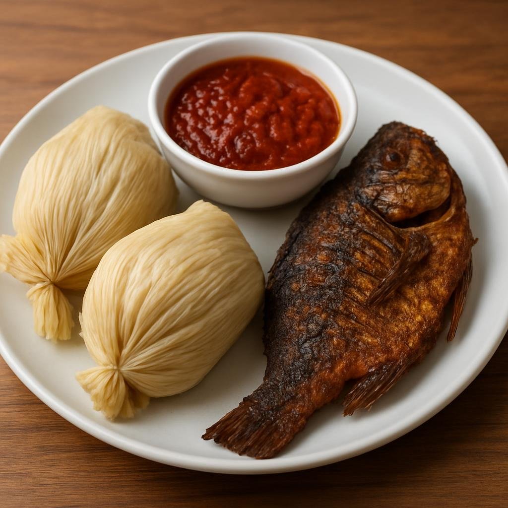 Entree: Ghana – Ashanti – Kenkey with Fish (Fermented corn dumplings steamed in husks, served with seasoned fried fish and pepper sauce) recipe