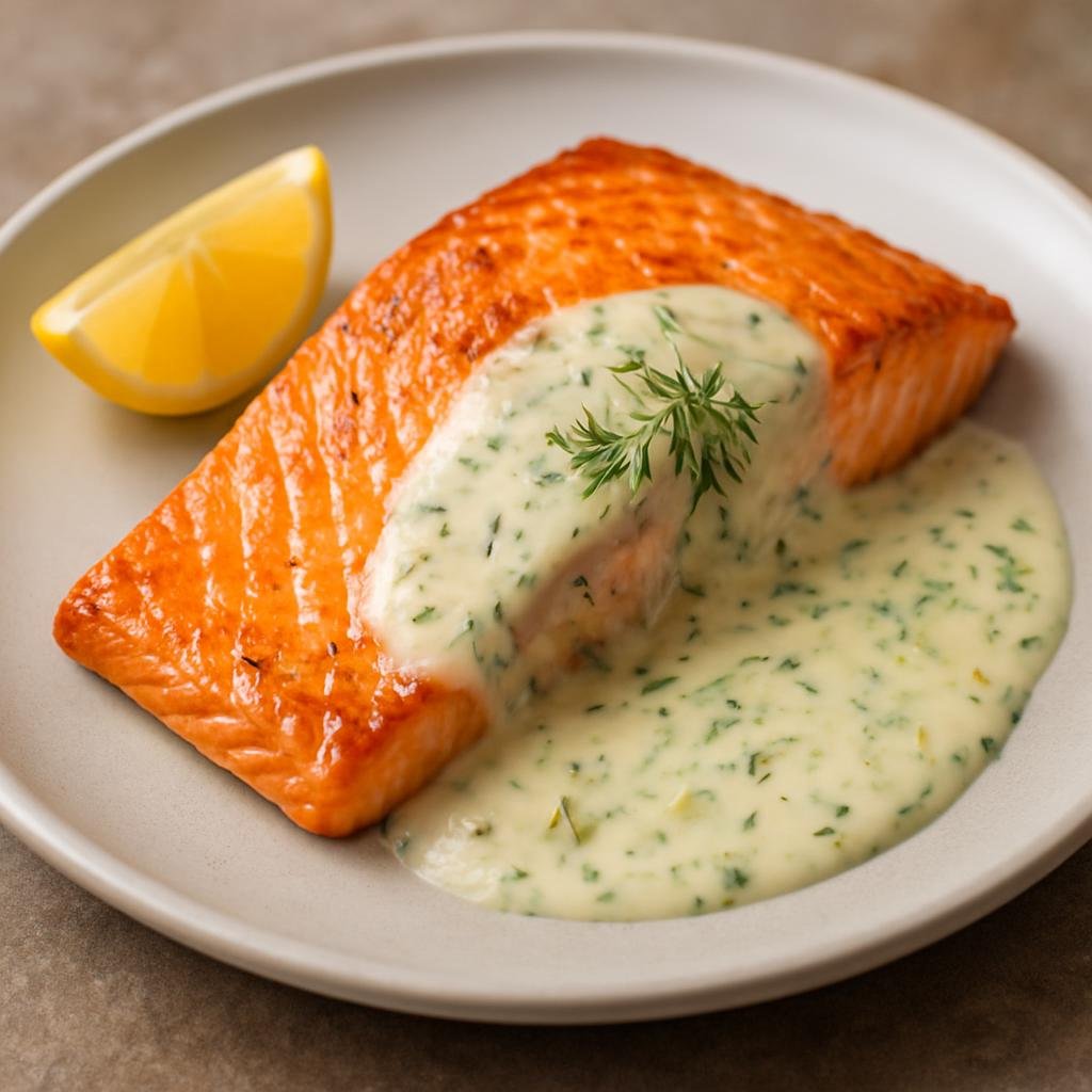 Entree: Ireland – Dublin & East – Irish Salmon with Dill Sauce (Pan-seared or oven-roasted Irish salmon fillets served with a creamy lemon-dill sauce) recipe