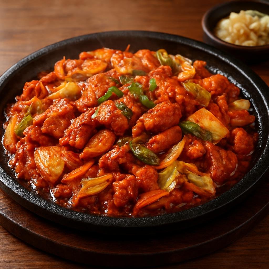 Entree: South Korea – Gyeongsang – 양산 닭갈비 ➤ Yangsan Dakgalbi (Spicy marinated stir-fried chicken with vegetables cooked on a hot plate) recipe