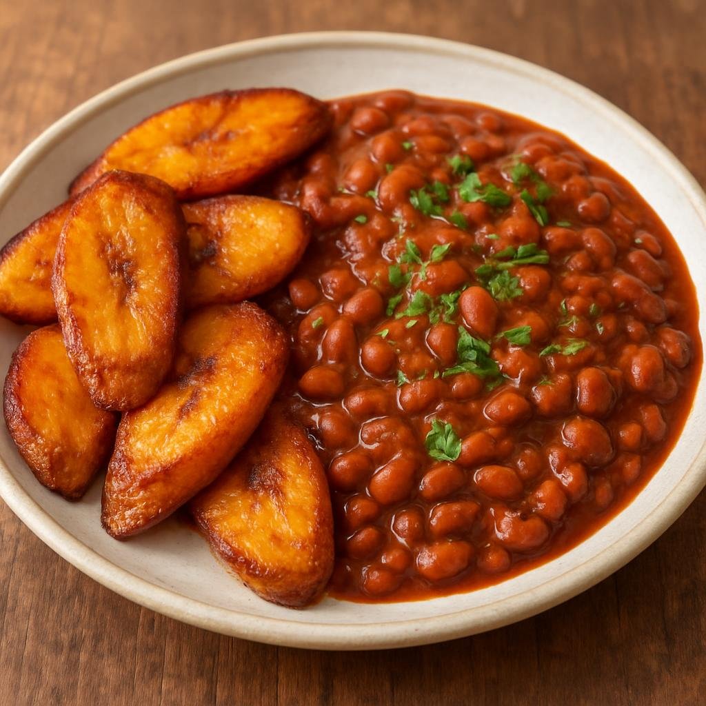 Entree: Burkina Faso – National Cuisine – Fried Plantains with Beans (Pan-fried ripe plantains served with a spiced stewed bean mixture) recipe