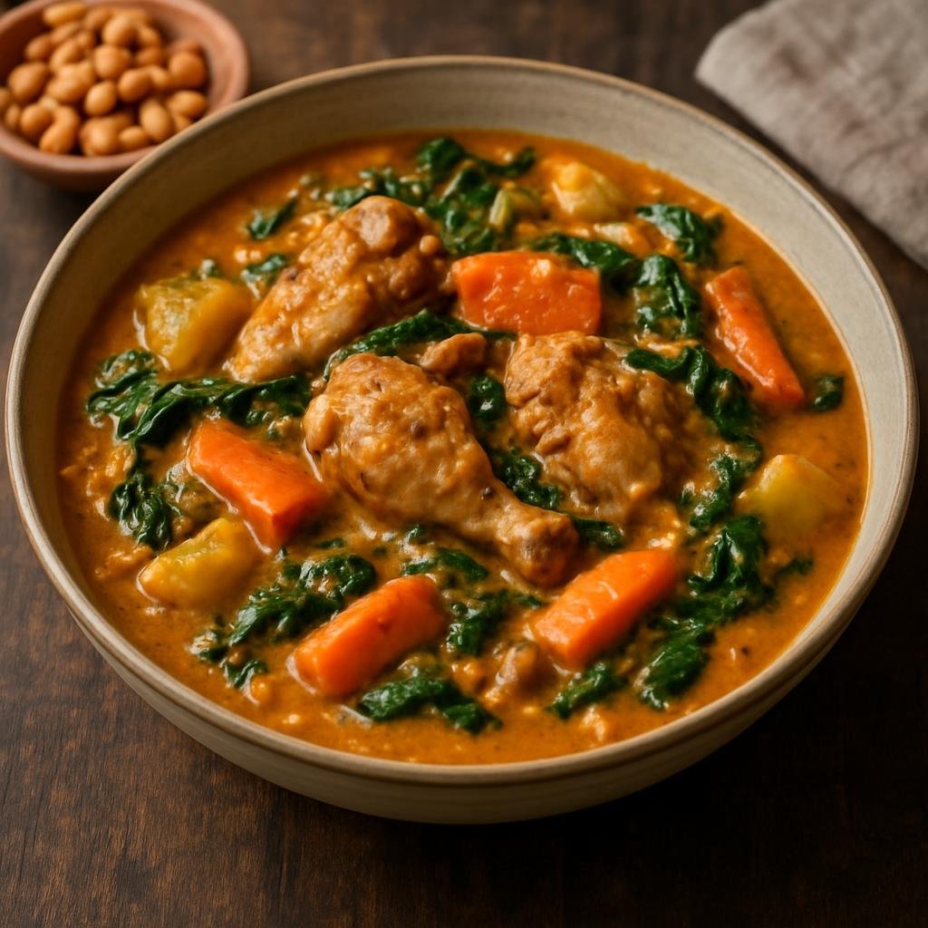 Entree: Central African Republic – National Cuisine – Mbala Pinda (A hearty Central African peanut-based stew typically made with chicken, vegetables, and greens) recipe
