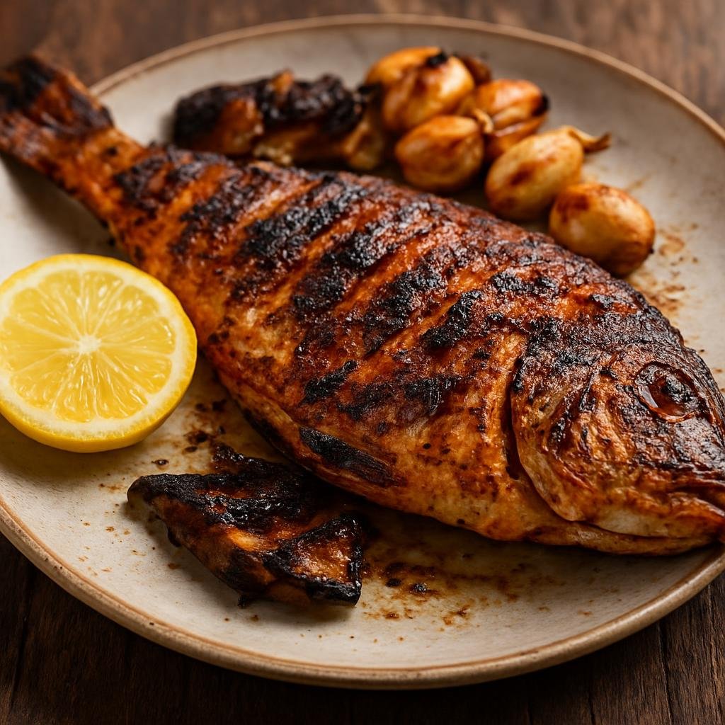 Entree: Equatorial Guinea – National Cuisine – Pescado a la Parrilla (Grilled whole or filleted fish marinated with citrus, garlic, and local spices, charred over hot coals) recipe
