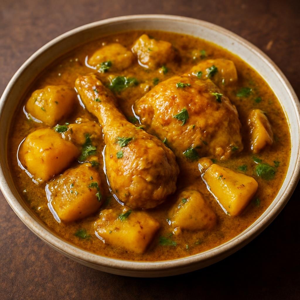 Entree: Mauritius – Northern Culinary Region – Kalia de Poulet (Mauritian spiced chicken kalia, a robust curry-style stew with potatoes and warm Indian-inspired spices) recipe