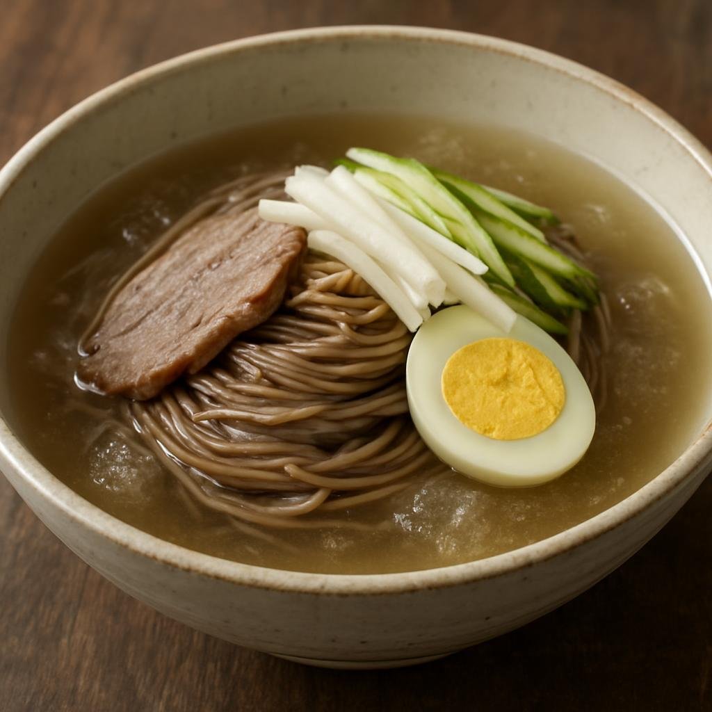 Entree: North Korea – North Korean Mountain Cuisine – 물냉면 ➤ Mul naengmyeon (Chilled buckwheat noodles in a clear iced beef and radish-brine broth served with sliced beef, crisp vegetables, and boiled egg) recipe