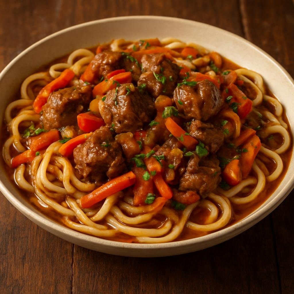 Entree: Tajikistan – Northern Culinary Region – Қовурма Лагман ➤ Qovurma Lagmon (Braised and pan-fried lamb with hand-pulled noodles and vegetables in a savory sauce) recipe