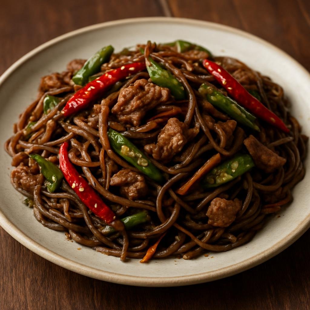 Entree: Bhutan – Central Culinary Region – པུ་ཏ་ ➤ puta (Buckwheat noodle stir-fry with meat, vegetables, and Bhutanese chilies) recipe