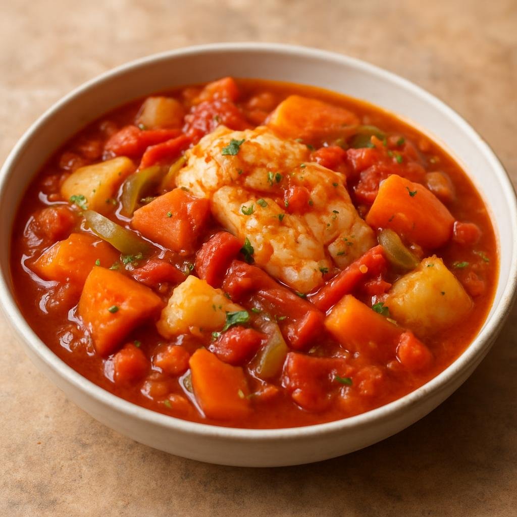 Entree: Curacao – Bakiou (Stewed Curacao-style salted cod with tomatoes, peppers and root vegetables) recipe
