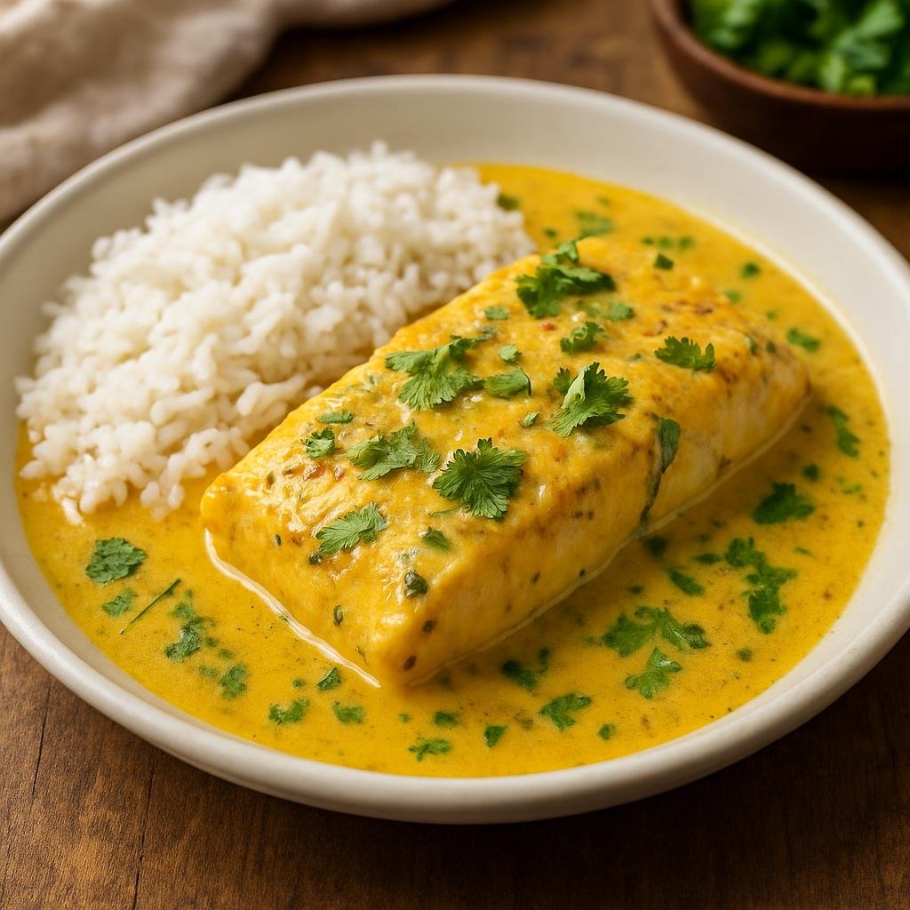 Entree: Ecuador – Encocado de Pescado (Fish simmered in a coconut-milk sauce flavored with coastal aromatics and cilantro) recipe