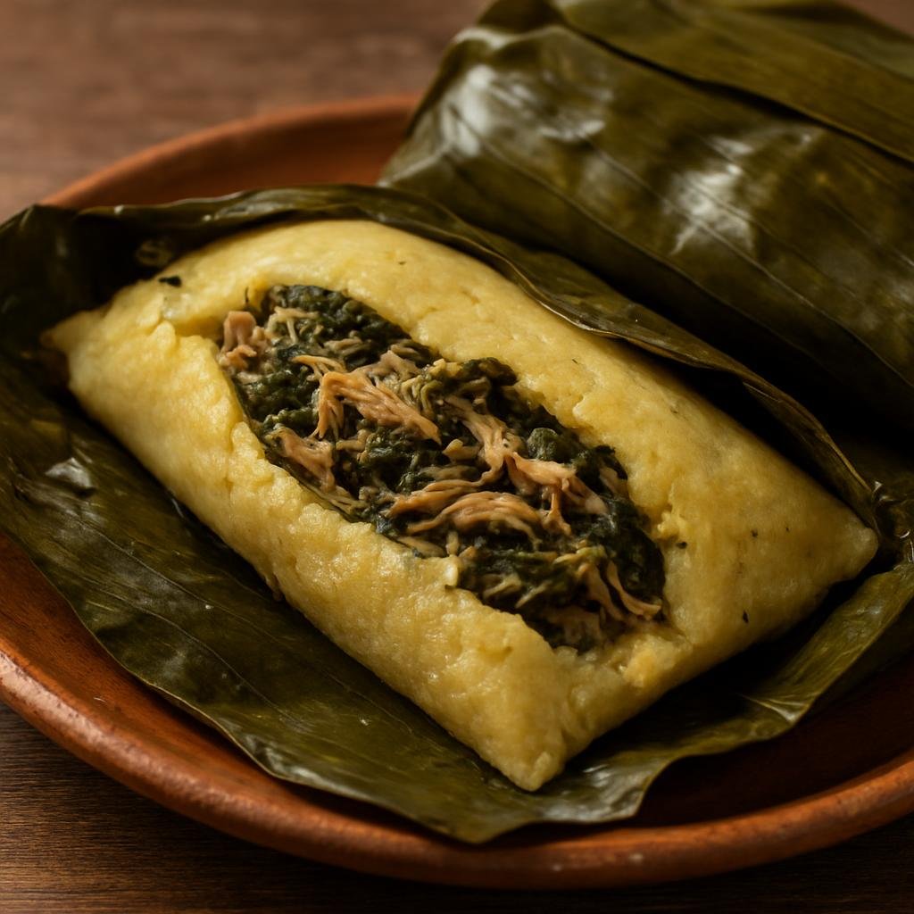 Entree: Mexico – Chiapas – Tamal de Chipilín (Corn masa tamale filled with chipilín greens and shredded pork, wrapped in banana leaves and steamed) recipe