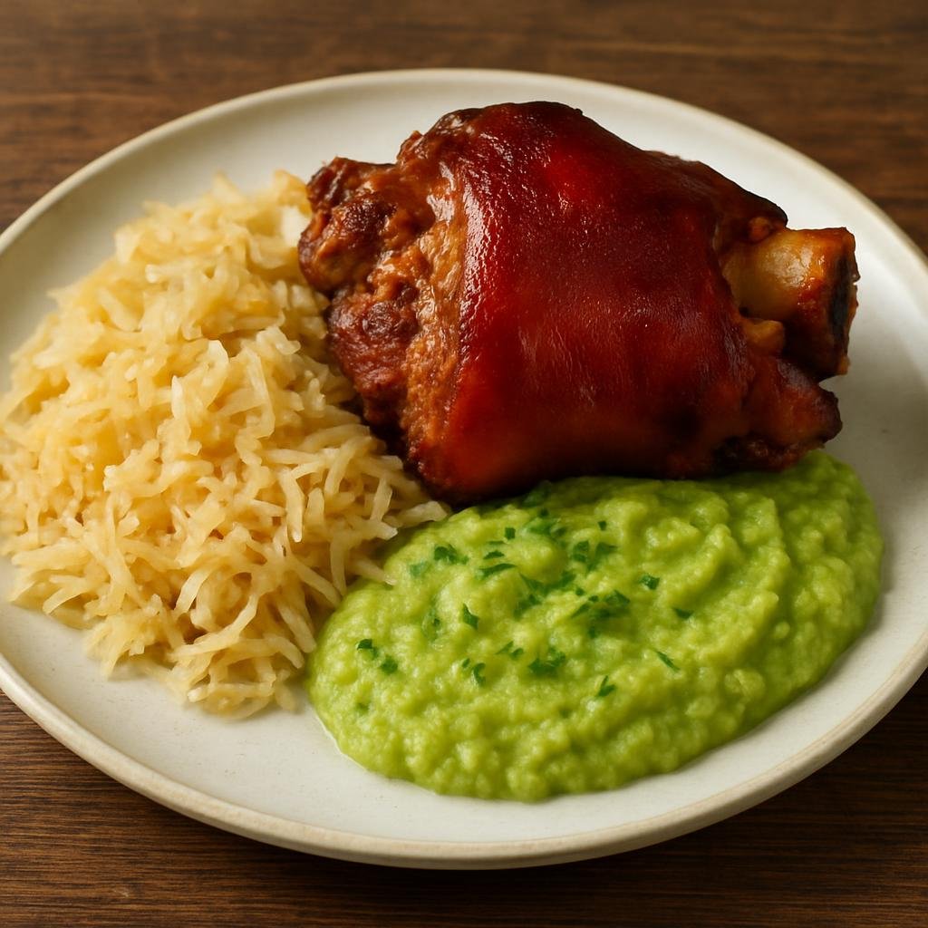 Entree: Germany – Berlin-Brandenburg – Berliner Eisbein (Cured and simmered pork knuckle traditionally served with sauerkraut and pea purée) recipe