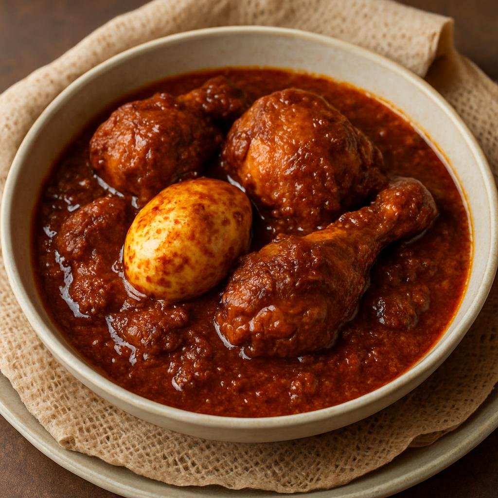 Entree: Ethiopia – Amhara – ዶሮ ወጥ ➤ Doro Wot (Spicy Ethiopian chicken stew braised in berbere and clarified spiced butter, traditionally served with injera) recipe
