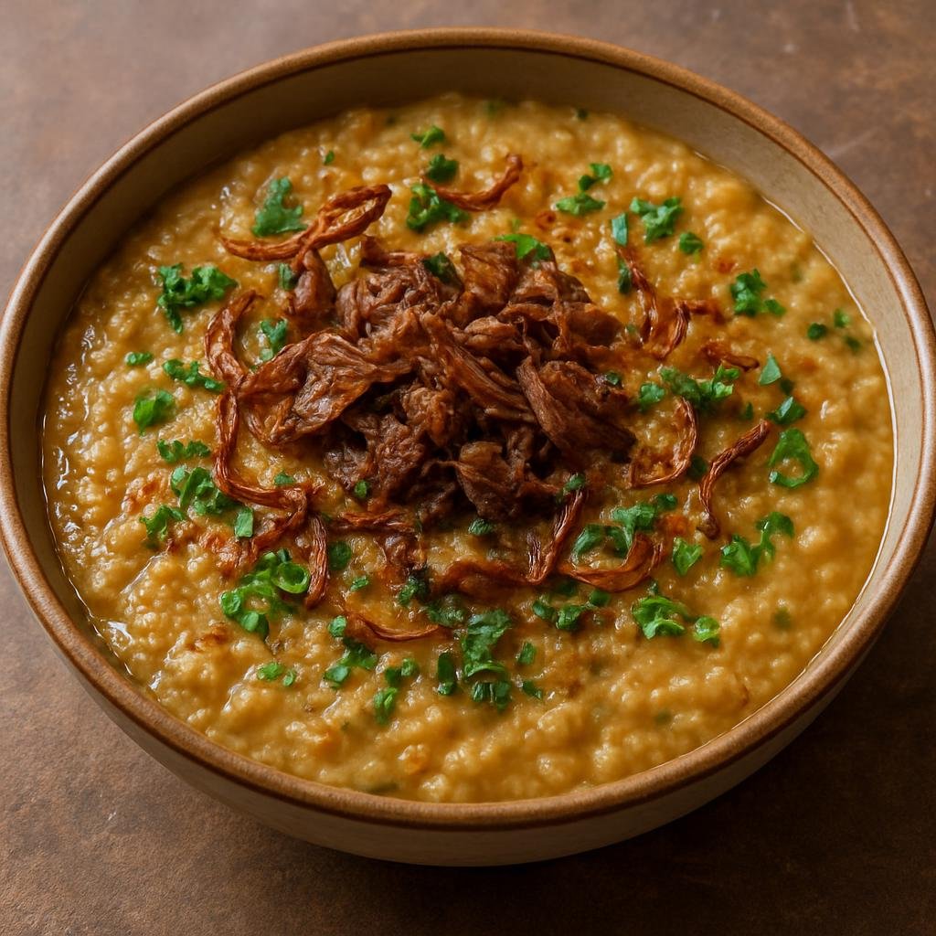 Entree: Pakistan – Karachi – حلیم ➤ Haleem (Hearty slow-cooked wheat, lentil, and meat stew reduced to a porridge-like consistency and seasoned with warming spices) recipe