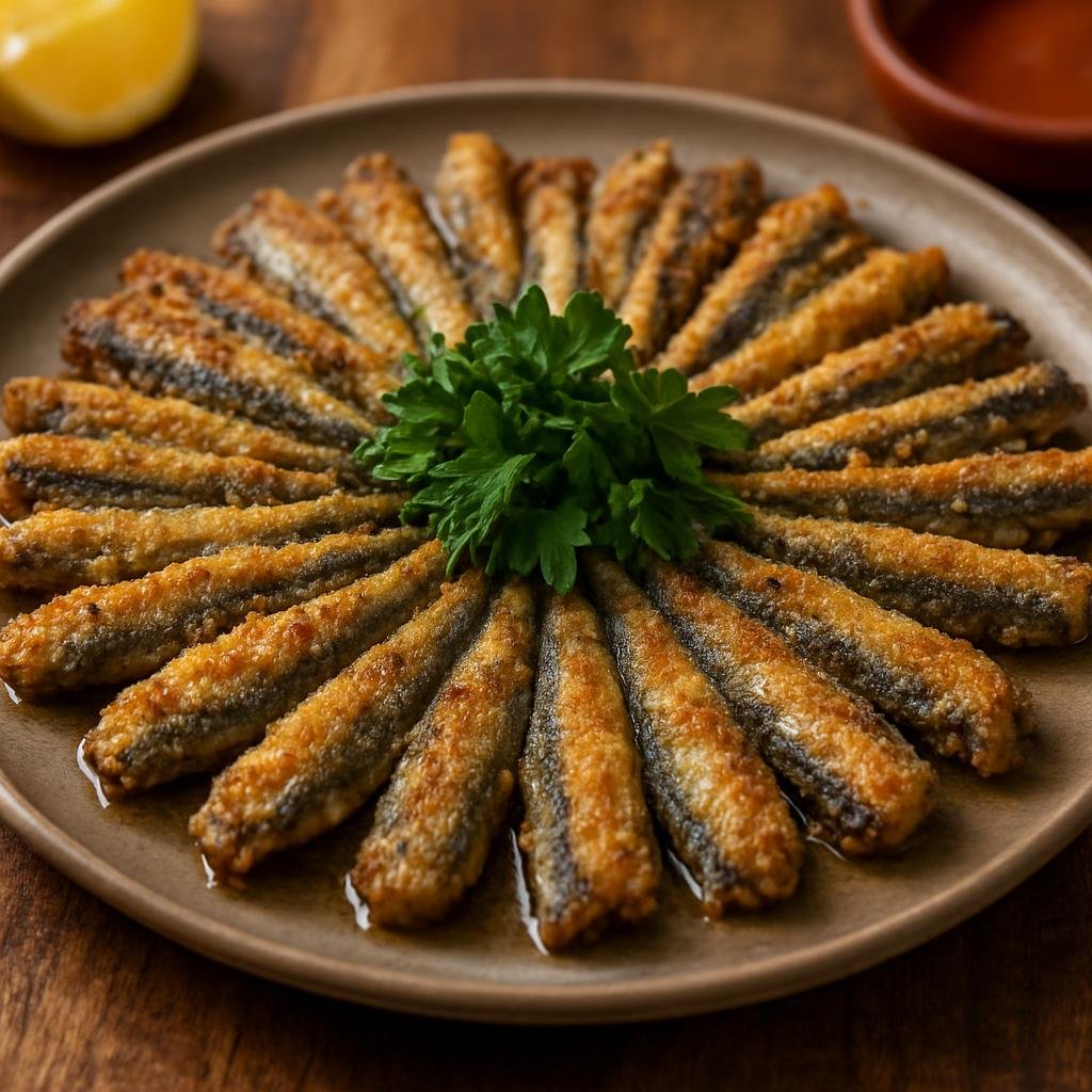 Entree: Turkey – Black Sea Turkey – Hamsi Tava (Pan-fried Black Sea anchovies coated in cornmeal and crisped in butter and oil) recipe