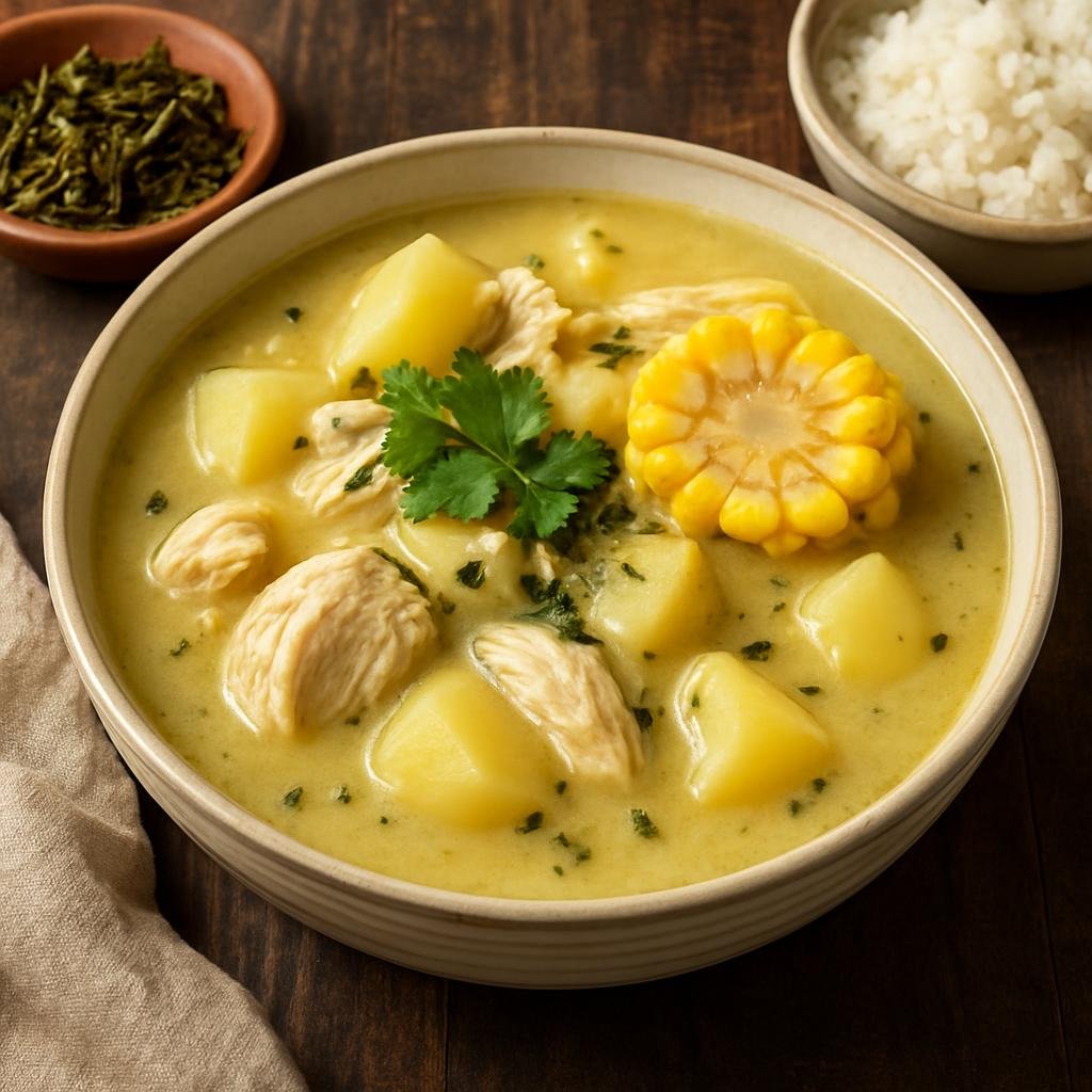 Entree: Colombia – Bogota / Andean – Ajiaco (Hearty Andean chicken and potato soup flavored with guascas and corn) recipe