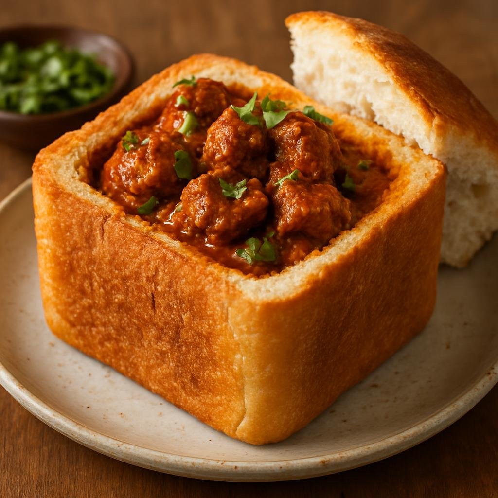 Entree: South Africa – Durban Indian – Bunny Chow (Hollowed bread loaf filled with a spicy Durban-style curry, traditionally made with mutton or lamb) recipe