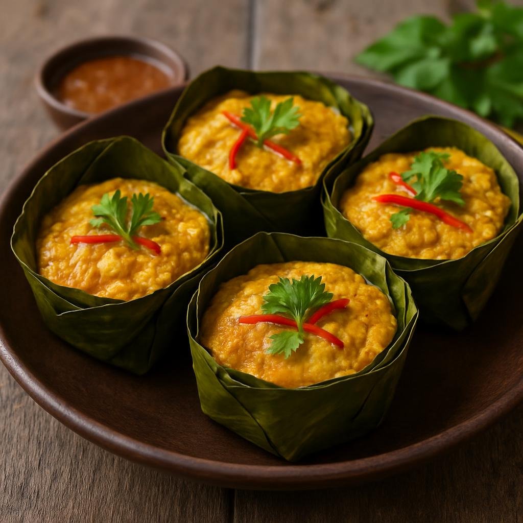 Entree: Cambodia – Khmer Central Cuisine – អាមុកត្រី ➤ Amok Trey (Steamed coconut curry fish custard traditionally cooked in banana leaf cups) recipe