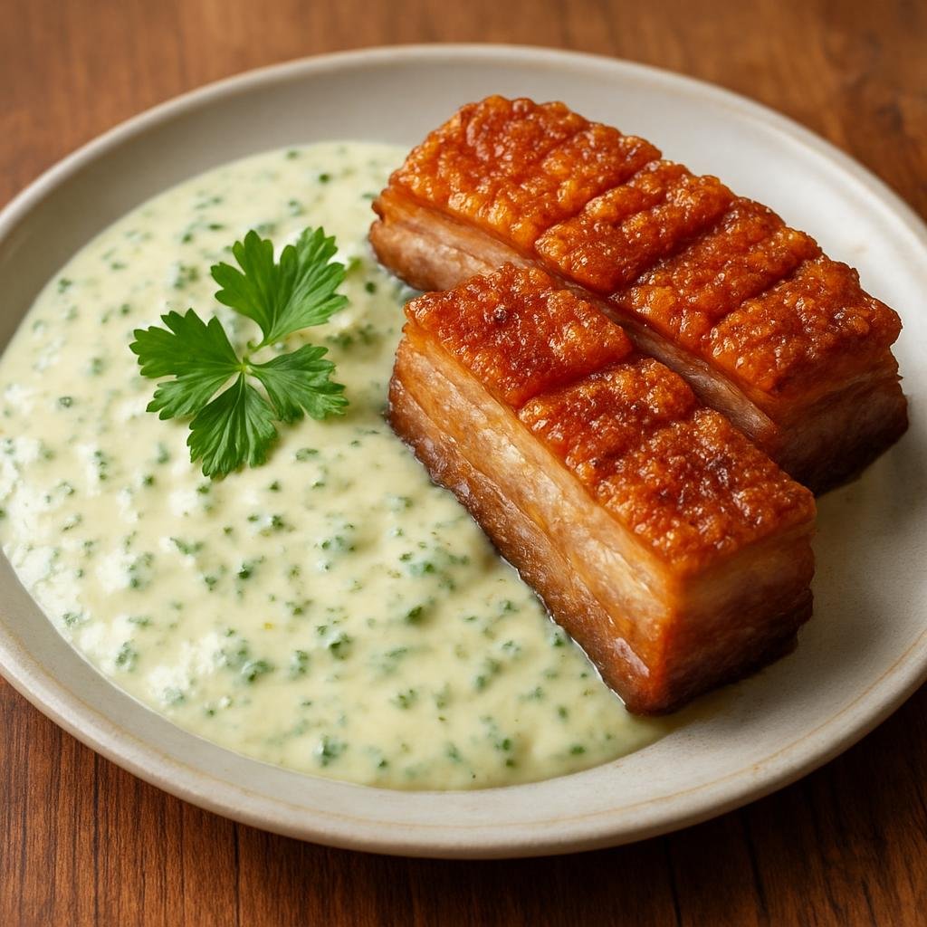 Entree: Denmark – Copenhagen & Zealand – Stegt Flæsk med Persillesovs (Crispy fried pork belly served with a creamy parsley sauce) recipe