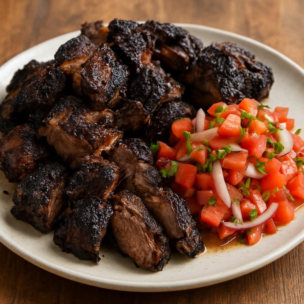 Entree: Kenya – Nairobi & Central Kenya – Nyama Choma (Charred grilled meat, traditionally goat or beef, seasoned simply and served with fresh tomato-onion relish) recipe