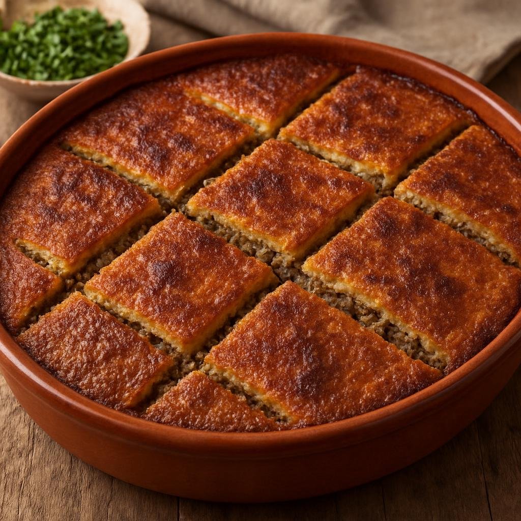 Entree: Syria – Damascus – كبة بالصينية ➤ Kibbeh bil-saniyeh (Baked layered bulgur and spiced minced lamb casserole) recipe