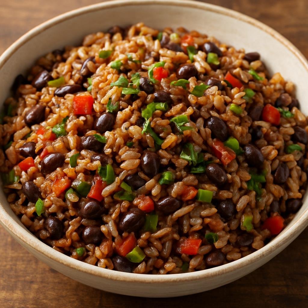 Entree: Costa Rica – Northern Culinary Region – Gallo Pinto (Costa Rican savory fried rice and beans seasoned with onions, peppers, cilantro, and Salsa Lizano) recipe