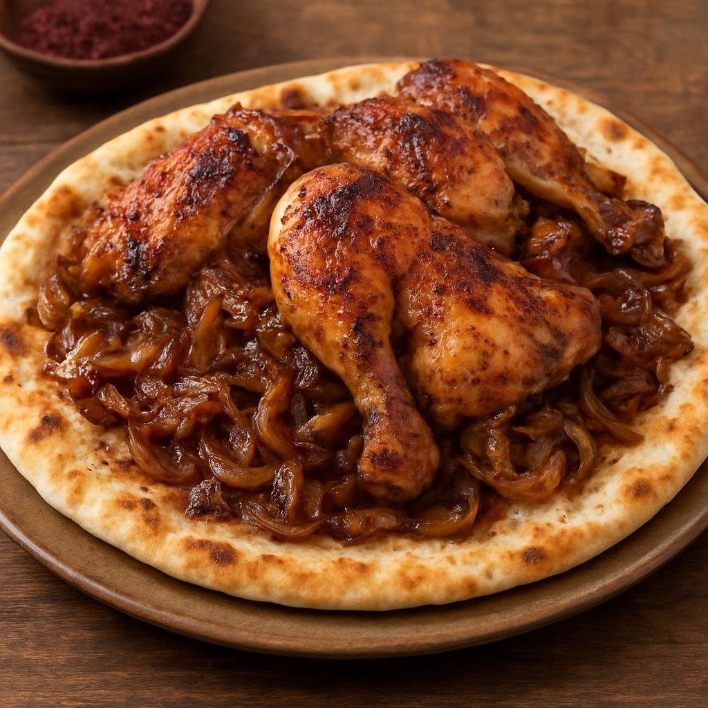Entree: Palestine – Southern Culinary Region – المسخّن ➤ Musakhan (Sumac-scented roasted chicken and caramelized onions served on flatbread) recipe