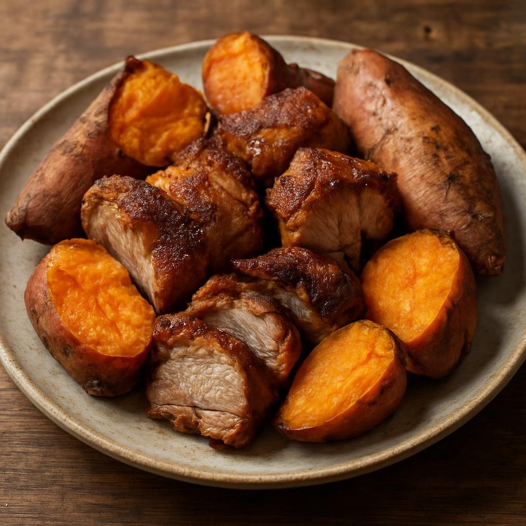 Entree: Papua New Guinea – Southern Culinary Region – Kaukau (Baked sweet potato and pork prepared in an earth-oven style as a hearty Papua New Guinean main) recipe