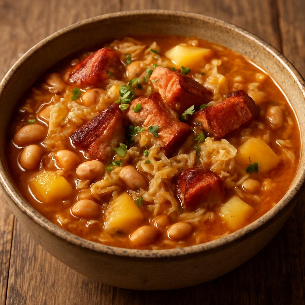 Entree: Slovenia – Southern Culinary Region – Jota (Hearty Istrian-style soup-stew of beans, sauerkraut, potatoes and smoked pork) recipe