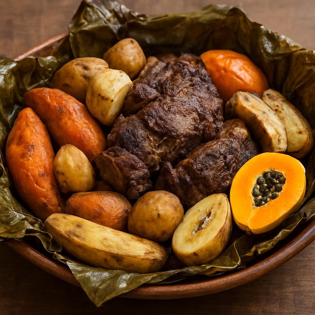 Entree: Wallis and Futuna – Southern Culinary Region – Umu (Traditional Polynesian earth-oven roast of meat, root vegetables, and fruit cooked in banana leaves) recipe