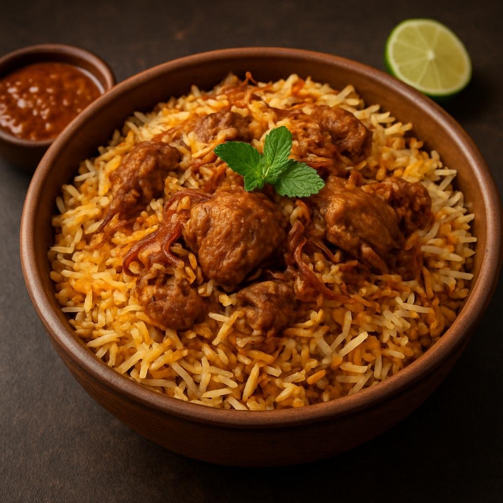 Entree: India – Awadhi / Lucknow – अवध़ी बिरयानी ➤ Avadhī Biryānī (Fragrant layered rice and spiced meat cooked in the Lucknow style) recipe
