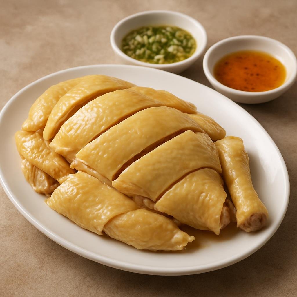 Entree: China – Cantonese / Guangdong – 白切鸡 ➤ Bái qiē jī (Poached whole chicken served simply with a ginger-scallion dipping sauce and seasoned oil) recipe