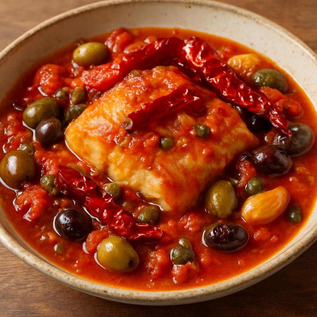 Entree: Italy – Basilicata – Baccalà alla Lucana (Salted cod prepared in the Lucanian style braised with tomatoes, olives, capers, garlic, and crisp peperoni cruschi) recipe